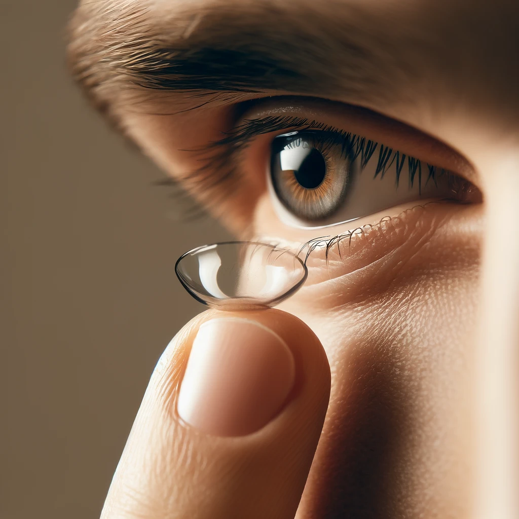 Dall·e 2024 06 10 18.46.18 A Close Up Image Of A Person About To Insert A Contact Lens Into Their Eye. The Focus Is On The Eye And The Contact Lens Held By Fingers. The Backgrou