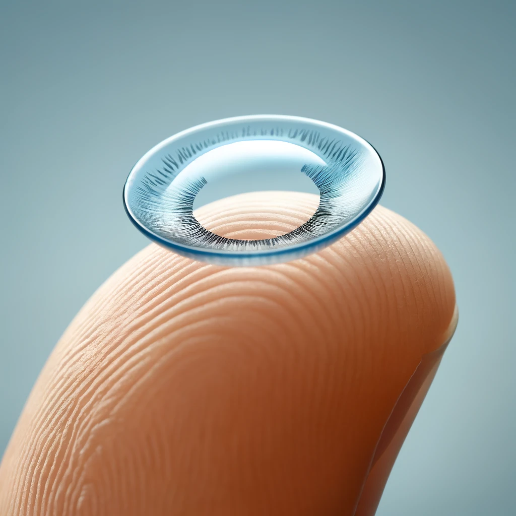 Dall·e 2024 06 10 18.49.31 A Close Up Image Of A Contact Lens On The Tip Of A Finger. The Contact Lens Is Clear With A Slight Blue Tint And Detailed Markings Around The Edges. T